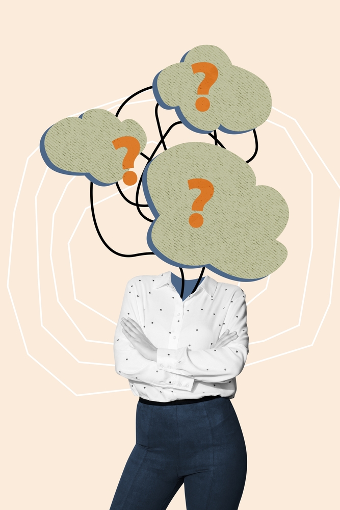 vertical,collage,poster,young,headless,woman,question,mark,unsure,uncertain