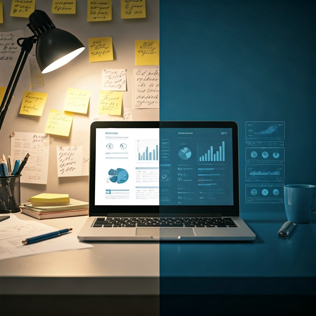 split screen,photorealistic,illustration,of,a,messy,,paper based,desk,on,the